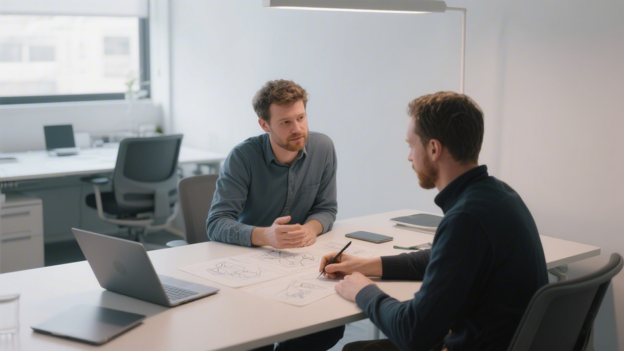 Calm portrait-style office scene with two founders discussing product sketches on a table, modern minimal environment with soft lighting and laptops nearby.