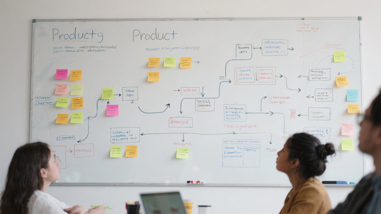 Detailed photograph of a whiteboard filled with product flow diagrams, post-it notes, and user journey arrows, showing a realistic workshop session.