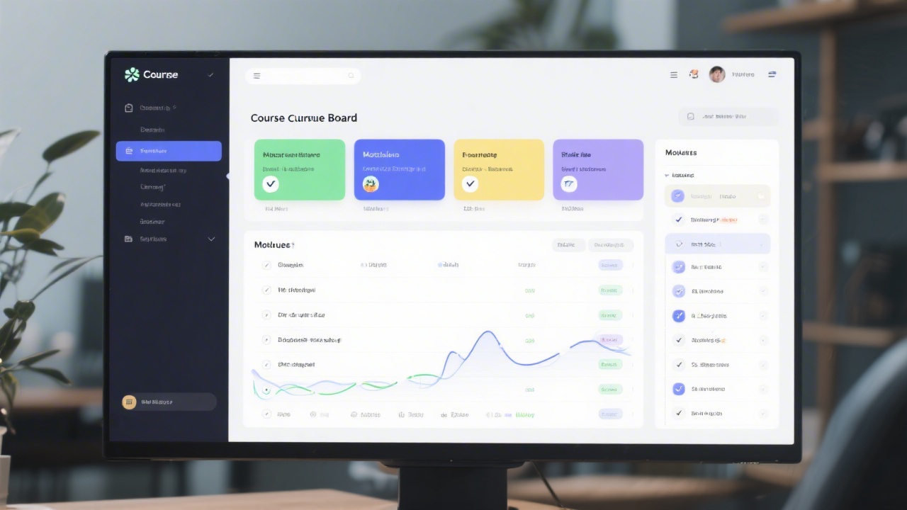 Clean screenshot of a course curriculum board with modules, checklists and milestones, using a modern project management interface on a large monitor.