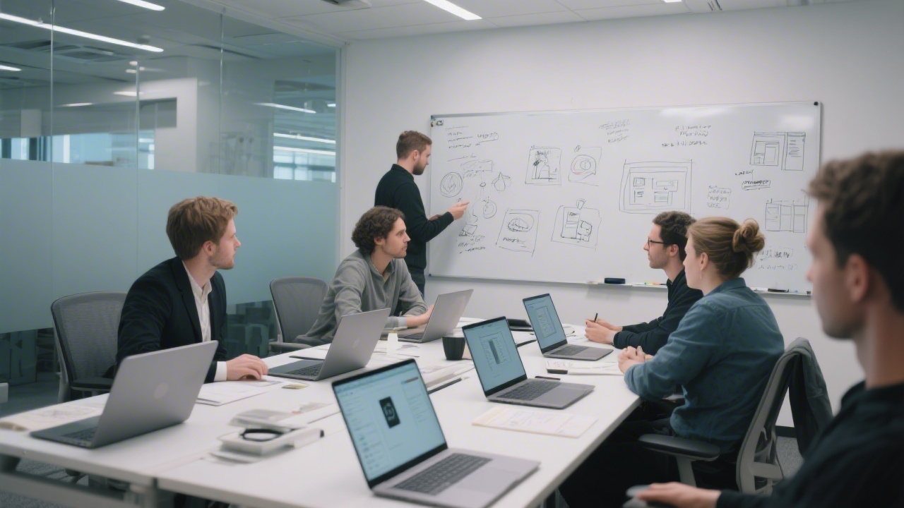 Wide screenshot-style photo of a modern product team workspace with laptops showing prototype screens, sketches on a whiteboard, and a calm tech office atmosphere.