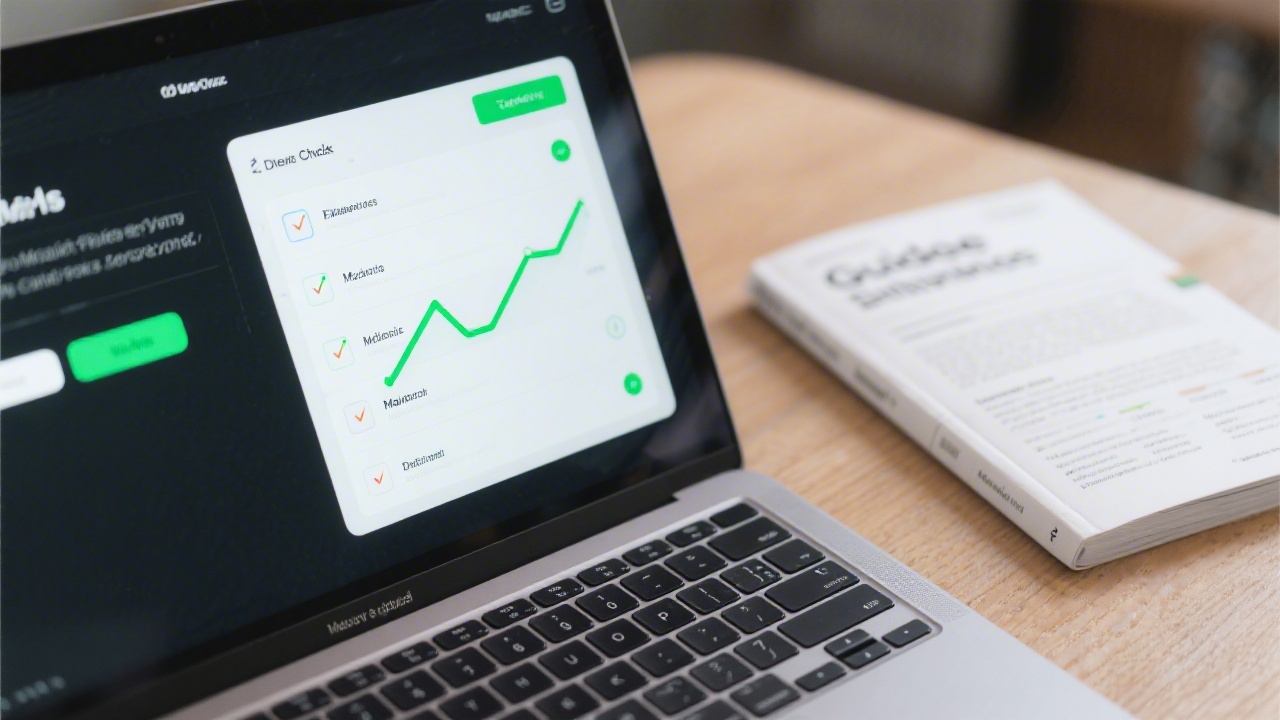 Close-up of a digital checklist interface on a laptop with highlighted milestones and progress indicators, next to a printed guidebook.