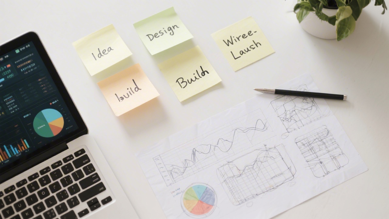 Illustrative flat lay of startup process materials: sticky notes labeled idea, design, build and launch, wireframe sketches, and a laptop with analytics dashboard.