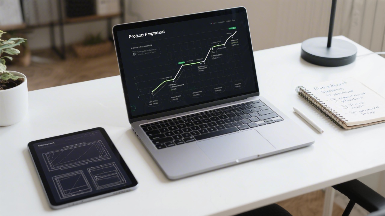 Modern workspace photo with a laptop showing a product roadmap, a tablet with wireframe screens, and a notebook with marketing notes.